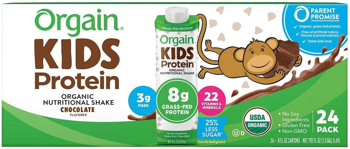 Orgain USDA Organic Kids Nutritional Protein Shake, Chocolate, 8 fl oz, 24-pack