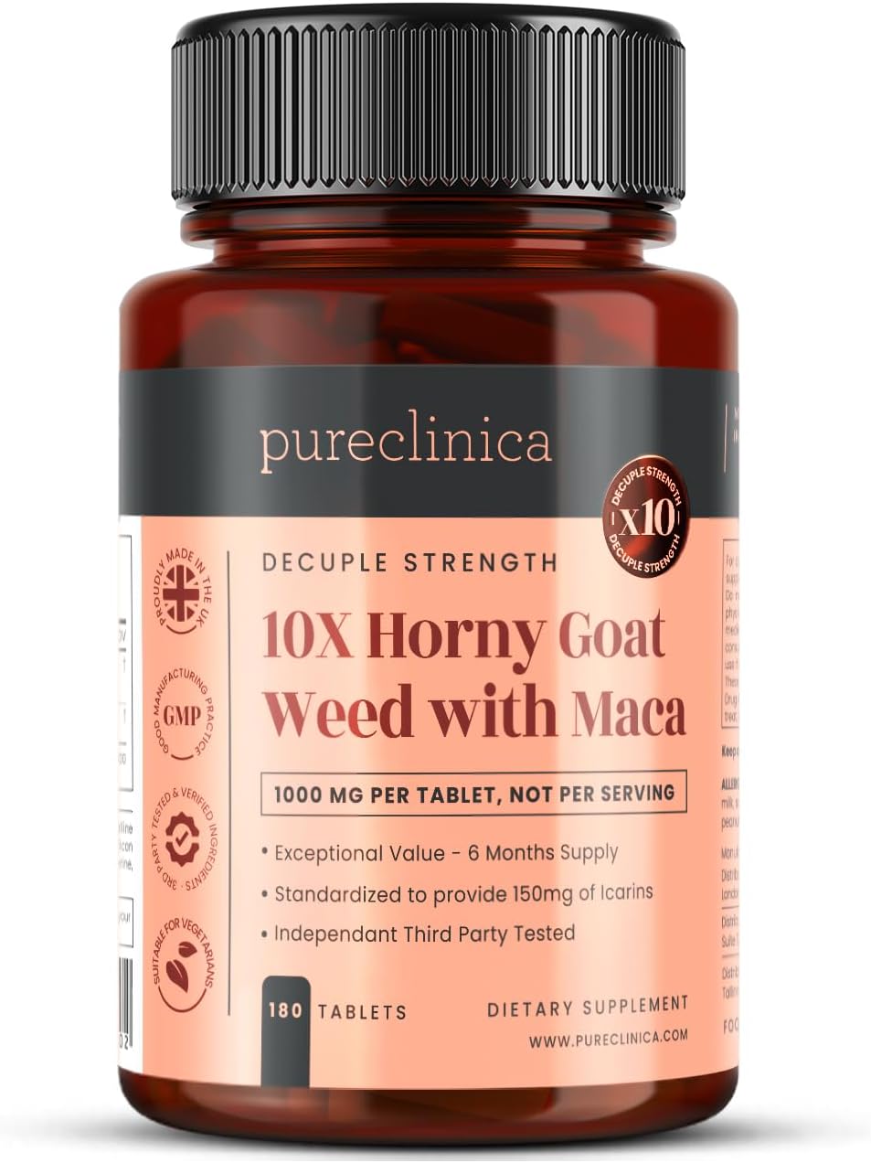 pureclinica 10X Horny Goat Weed & Maca Extract 6250mg x 180 Tablets (6 Months Supply) -10 X More Icariins - w\/5mg Black Pepper Extract for 300% Increased Absorption