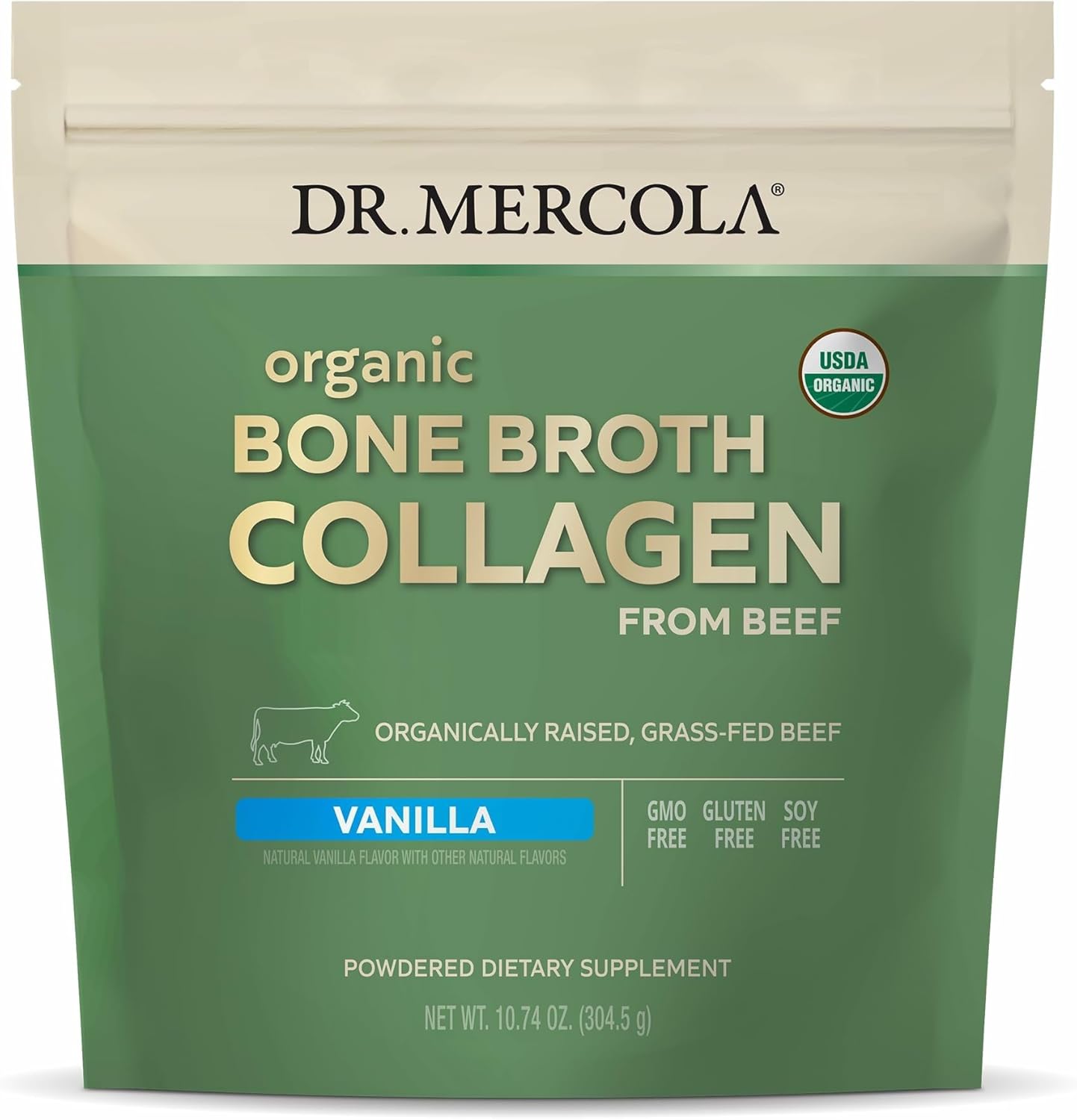 Dr. Mercola Organic Bone Broth Collagen Powder - Supports Bone Health & Muscle Growth - USDA Organic, Non-GMO, Gluten-Free & Dairy-Free - 30 Servings - Vanilla Flavor
