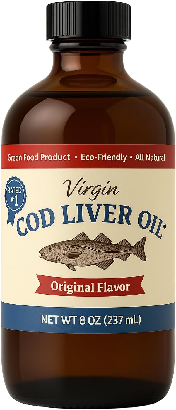 Virgin Cod Liver Oil - 8 Fl oz Natural, Wild Caught & Fresh Tasting, High in Vitamin D, Omega 3 DHA\/EPA (Original Taste-Unflavored)