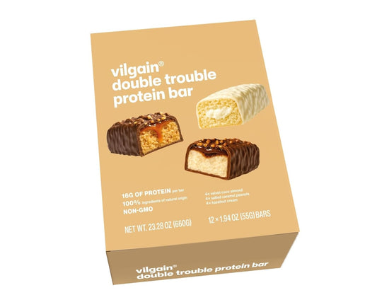 Vilgain Double Trouble Protein Bar Mix ⁠–⁠ 29% Milk Protein with Collagen ⁠–⁠ Chocolate Protein Snack Bar ⁠–⁠ Natural Sweetened with Steviol Glycosides ⁠–⁠ 12x1.94 OZ