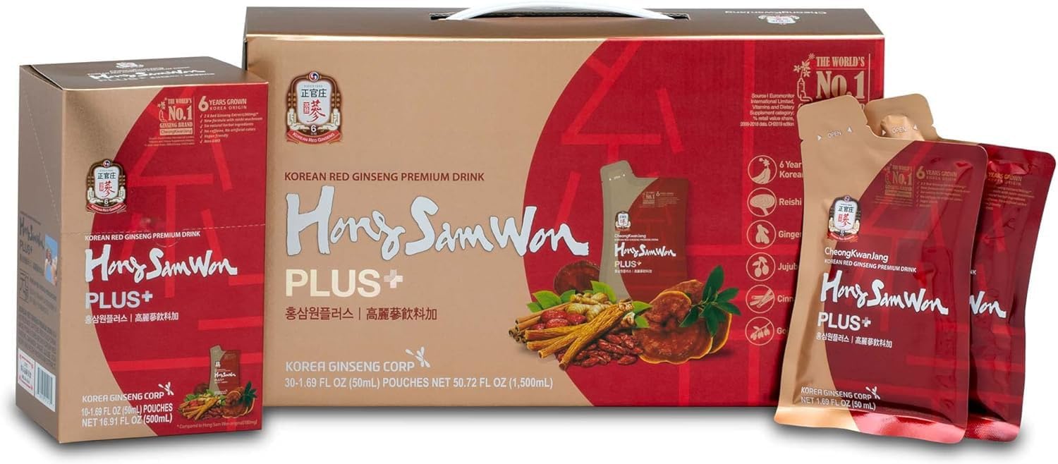 HongSamWon Plus Korean Red Ginseng Premium Drink | Energy Drink, Pre Workout, Herbal Tea | Korean Red Ginseng Extract 360mg, Reishi Mushroom, Ginger, Cinnamon, Gojiberry | Vegan Friendly | 30 Count