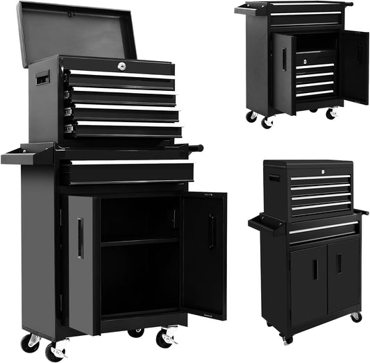 Steelite 5-Drawer Tool Chest with Wheels, Easy Lock Large Tool Box Organizer, Lockable Wheels & Sliding Drawers & Detachable Top & Adjustable Shelf, Metal Rolling Tool Cart for Garage Workshop