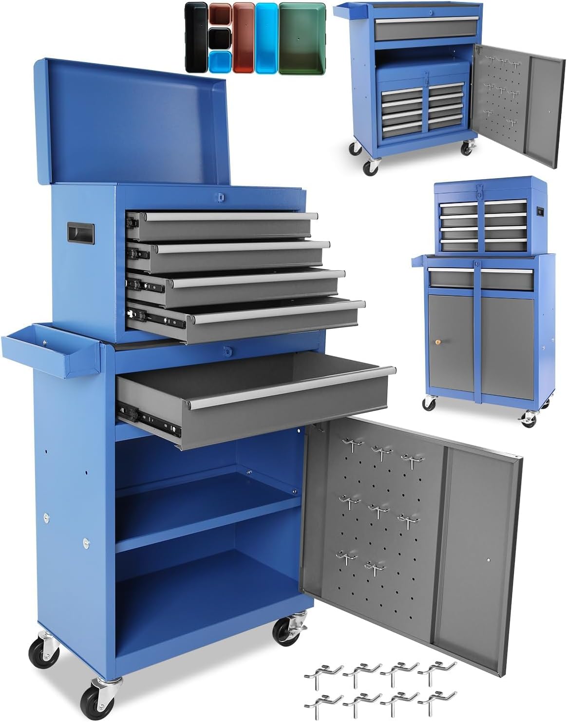 EliteEdge 5-Drawer Rolling Tool Chest, 2-in-1 Steel Tool Storage Chest with Locking Wheels & Anti-Slip Trays, Detachable Toolbox, Adjustable Shelves for Garage,Workshop,Home, Blue-Grey