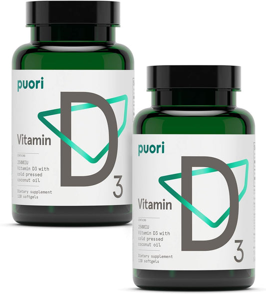 Puori Vitamin D3 with Virgin Coconut Oil - 240 x 2500 IU - for Muscle Function, Bone Health, Immune Support and Calcium Uptake- Non-GMO and Gluten Free - For Adults