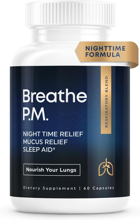 BREATHE PM, Nighttime 6-IN-1 Mullein Capsules For Lungs Detox & Lung Cleanse | Peppermint, Thyme & Mullein Leaf Extract For Lungs | Natural Lung Support Supplement - 60 Capsules, 1 Month Supply