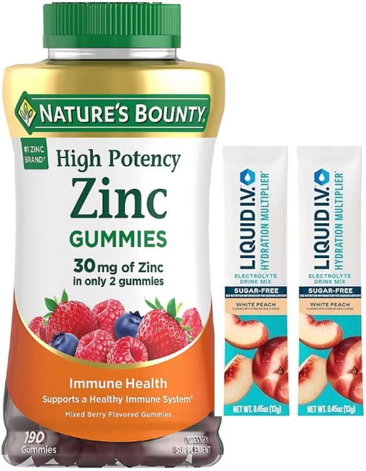 Natures Bounty High Potency Zinc Gummies Dietary Supplement- 30 mg Zinc per 2 Gummies, Support Immune System - 190 softgels - Mixed Berry Flavor Plus Bonus 2 Sugar-Free Hydration Sticks