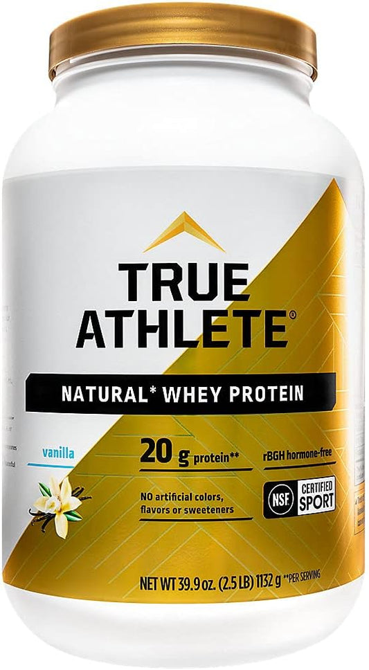 True Athlete Natural Whey Protein - Vanilla Flavor - 20g of Protein per Serving with Added Probiotics for Digestive Health 2.5 Pound Powder for Muscle Recovery and Optimal Performance
