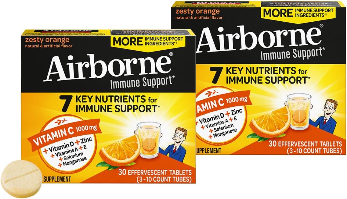Airborne 1000mg Vitamin C + Zinc Sugar Free Multivitamin Immune Support Effervescent Fizzy Drink Tablets, Zesty Orange Flavor with Powerful Antioxidants Vitamins A C & E, 30 Tablets (2 Pack)