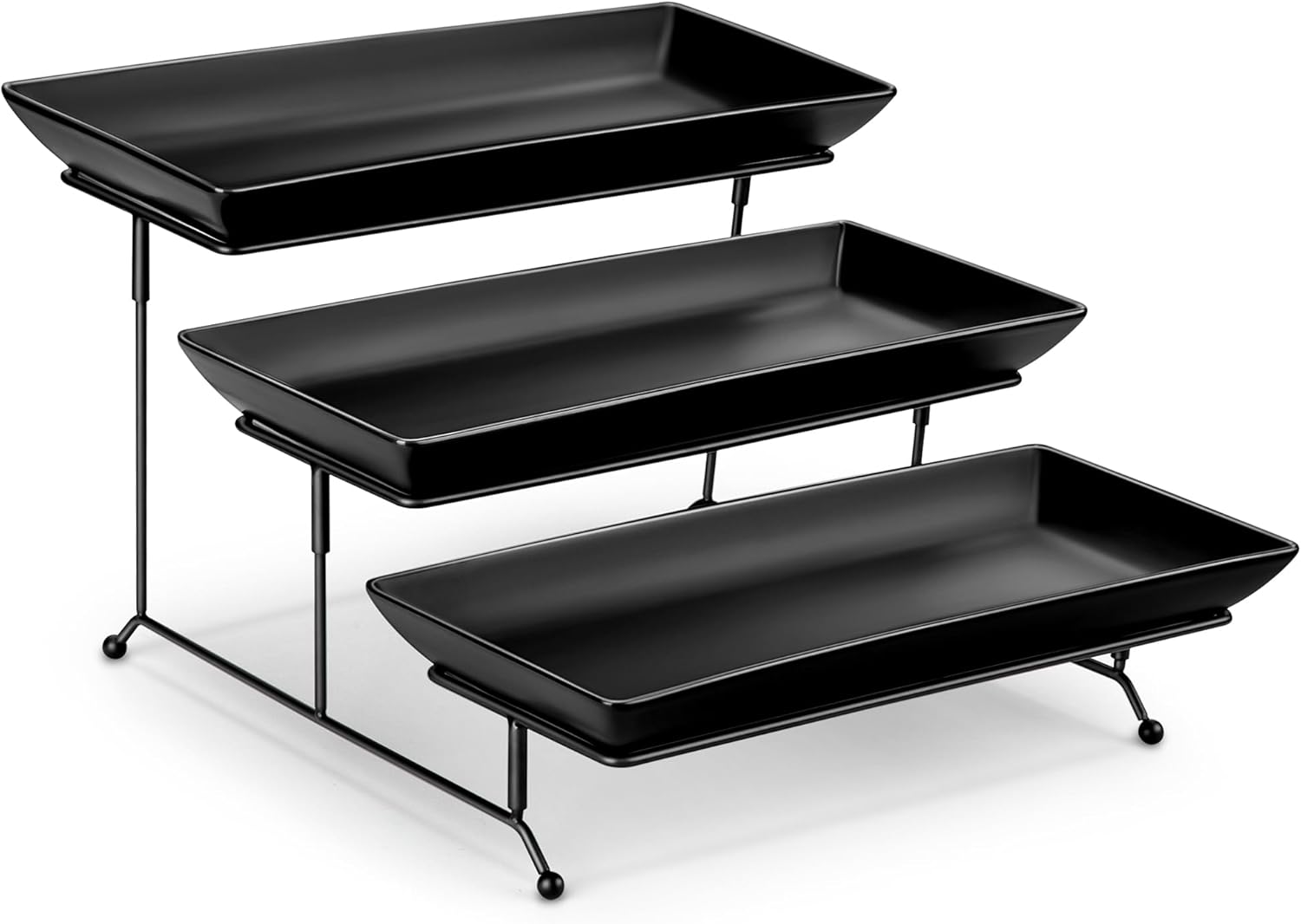 MALACASA 3 Tier Serving Trays for Party, Stoneware Serving Platters and Trays, 14 Inch Tiered Tray Stand, Fruit Tray, Trays for Serving Food, Black Dessert Stand with Collapsible Sturdier Metal Rack