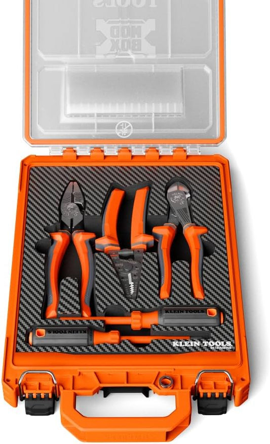 Klein Tools 94160MBINS MODbox Insulated Tool Kit, 5-Piece, 1000V Rated Electrician Tools Set with Screwdrivers, Wire Stripper, Cutters, Modular Storage Box