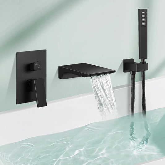 FAHKNS Wall-mounted Bathtub Faucet Black Matte, Bathtub Filler Faucet Solid Brass with Single Handle Handheld Shower and Water Pressure Balance Valve