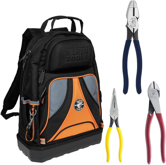 Klein Tools 80120 Backpack and Pliers Kit with Backpack, Long Nose, Diagonal Cut, and Side Cut Pliers, 4-Piece