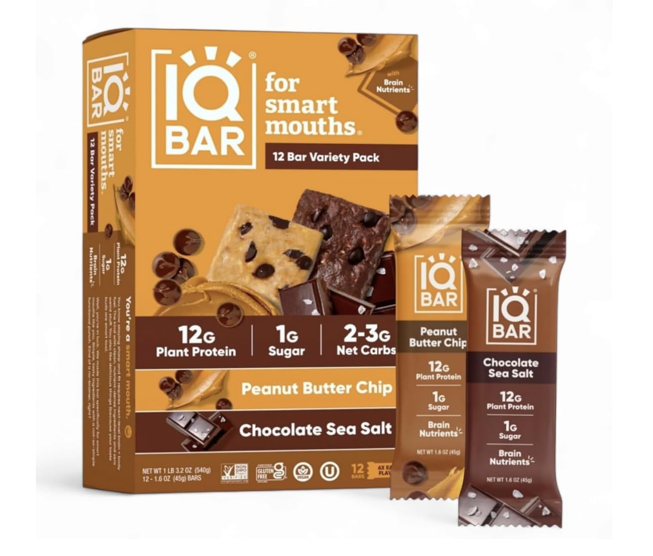 Iq-BAR Brain and Body Keto Protein Bars Variety Pack- Chocolate Sea Salt and Peanut Butter Chip - 12 Count Energy Bars - Low Carb Protein Bar - High Fiber Vegan Bars Low Sugar.