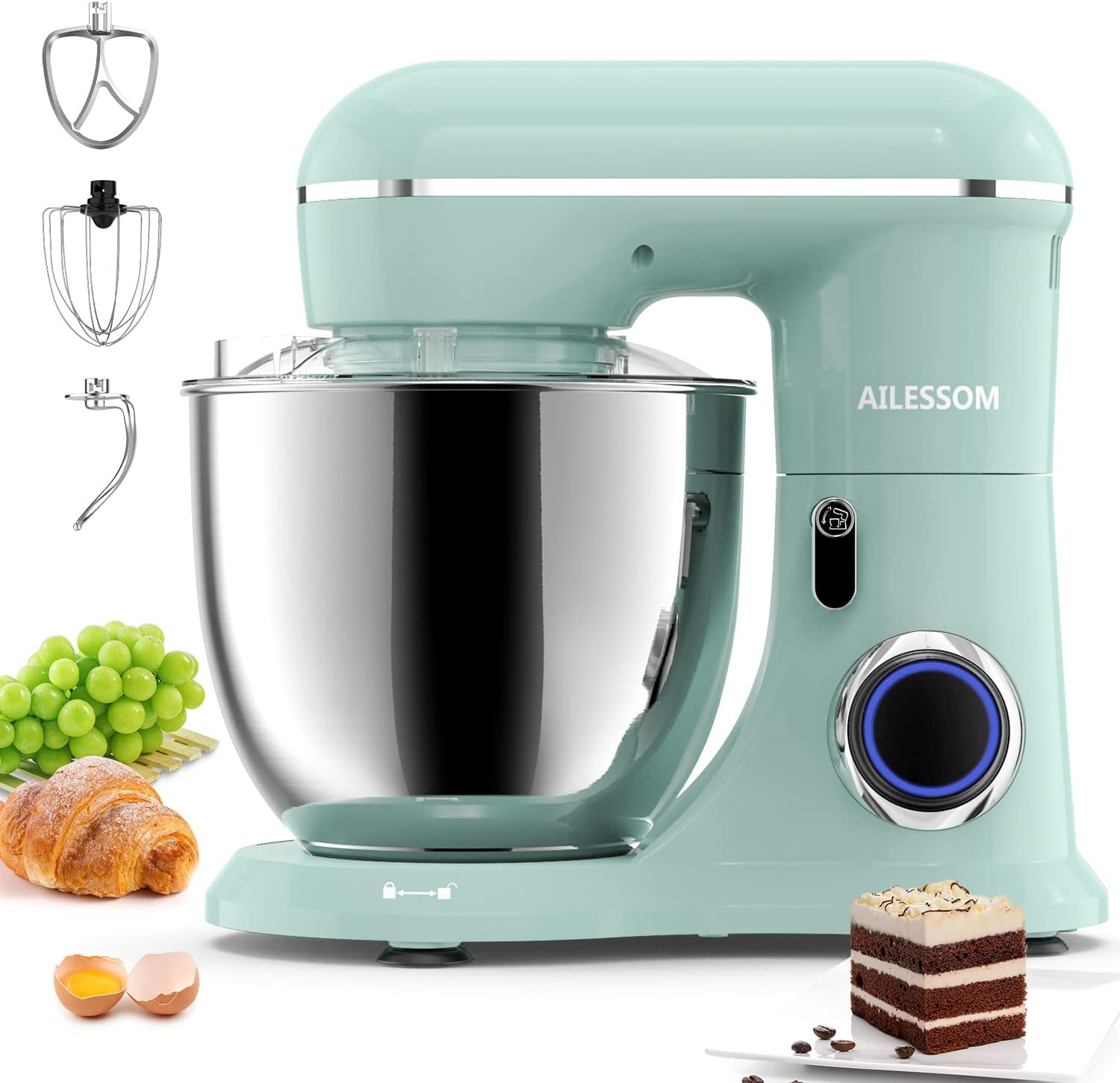 Ailessom Stand Mixer,6.5-QT 660W 10-Speed Tilt-Head Food Mixer, Kitchen Electric Mixer with Bowl, Dough Hook, Beater, Whisk for Most Home Cooks, (6.5QT, Agave Green）, 1533P