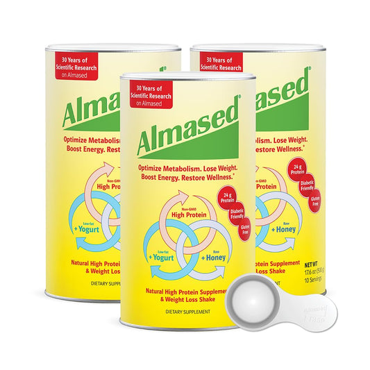 Almased Protein Powder for Weight Loss Kit for Men & Women, Natural Meal Replacement Shake for Weight Loss, Supplement, 27 Grams of Protein Per Serving (Original Flavor, 3 Cans @ 17.6 oz ea + Scoop)