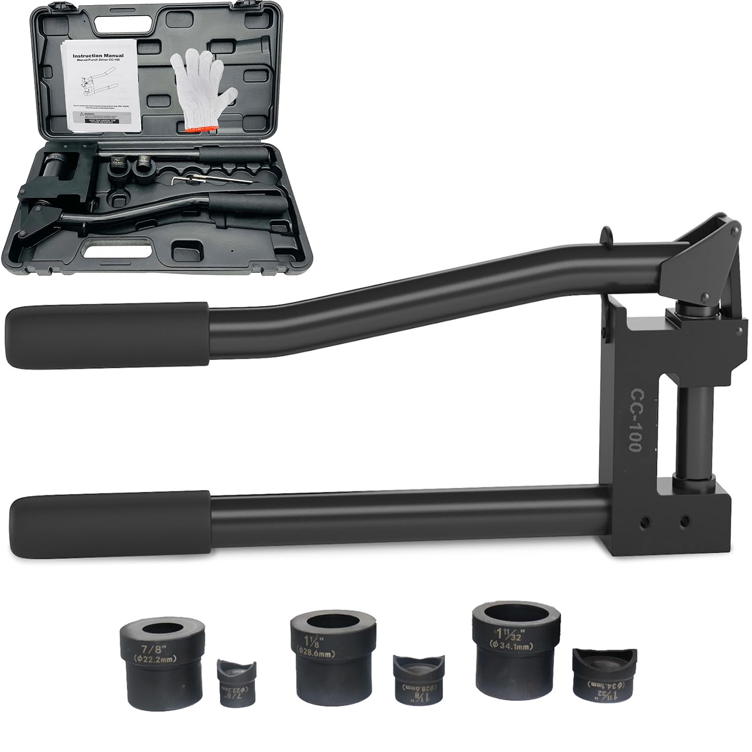 Metal Sheet Hole Punch Tool with Dies 7/8", 1-1/8", and 1-11/32" 20GA Steel Stud Puncher Set (CC-100M)