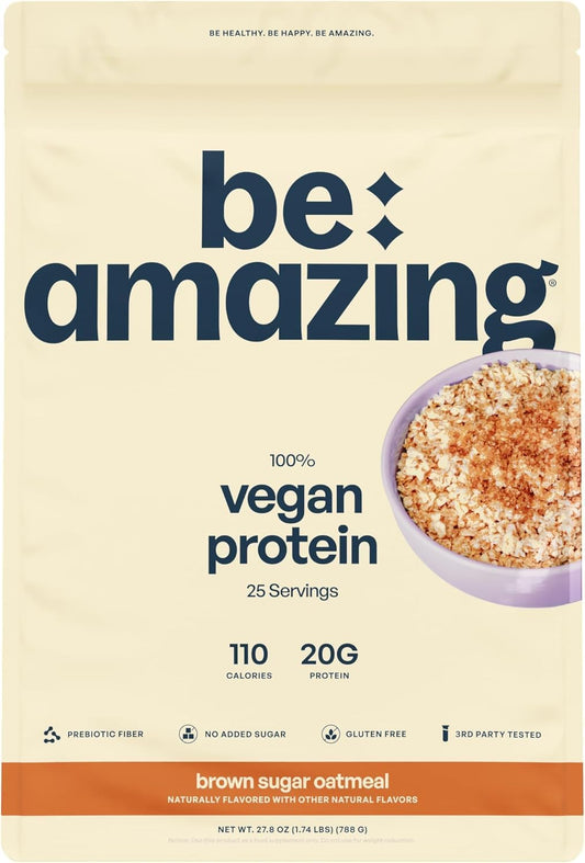 BE AMAZING Vegan Protein Powder, Brown Sugar Oatmeal, 20g Plant Based Protein with Prebiotic Fiber, Low Carb, Dairy and Gluten Free Shake Mix, No Added Sugar, 29.3 oz, 25 Servings
