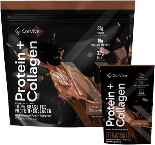 Protein + Collagen Powder | 23g Protein (Grass-Fed Whey + Collagen) | 3.7g BCAAs | Supports Muscle & Joint Health | Gluten & Soy Free | No Artificial Ingredients | 15 Sachets - Chocolate