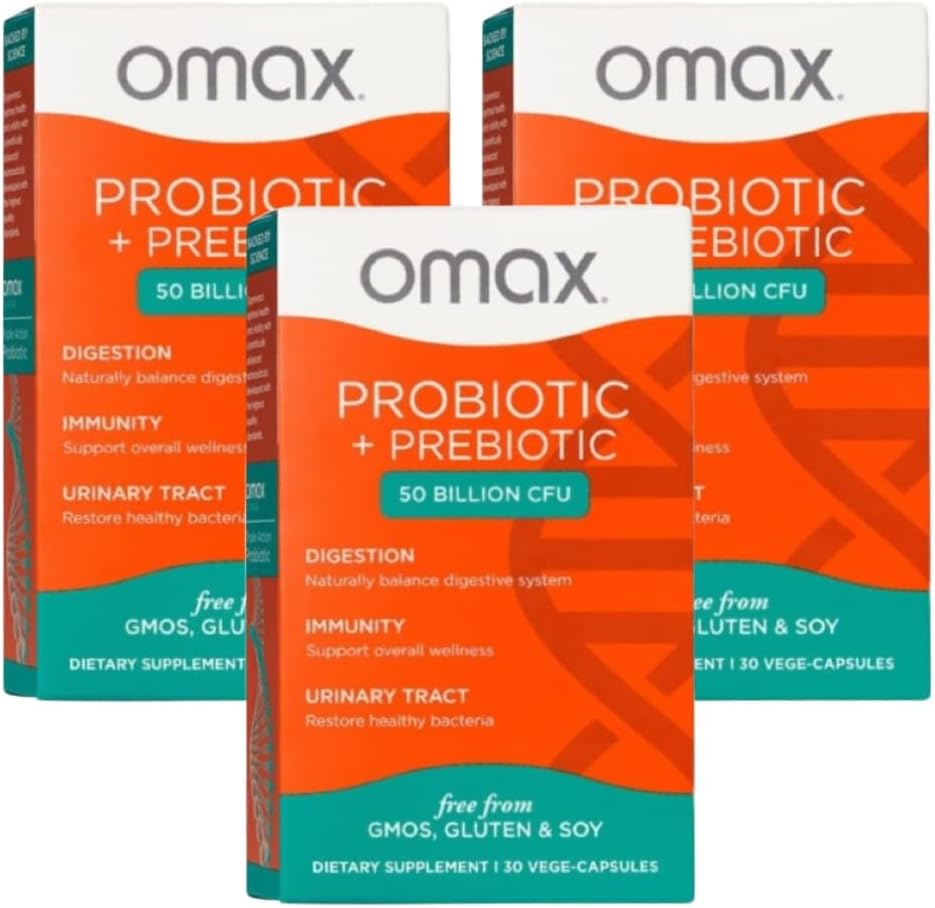 Omax3 Boxes Vegan Probiotic + Prebiotic Supplement Pills, 50 Billion CFU, 10 Clinically Studied Strains, Dairy-Free, Non-GMO, Blister Packed (90 Vege-Capsules)