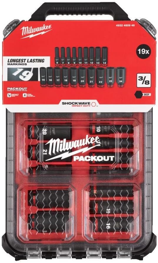 Milwaukee 4932480946 3\/8 Drive Packout Deep Impact Shockwave Socket Set 19 Piece