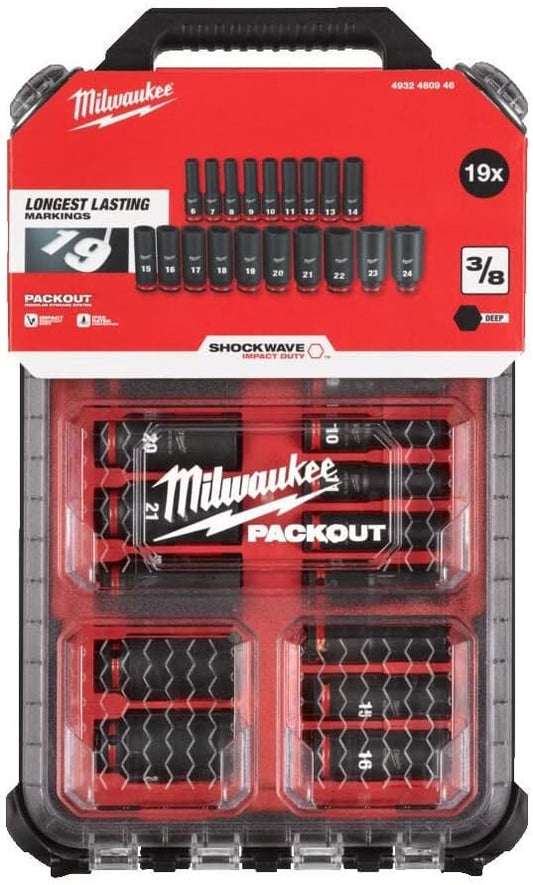 Milwaukee 4932480946 3\/8 Drive Packout Deep Impact Shockwave Socket Set 19 Piece