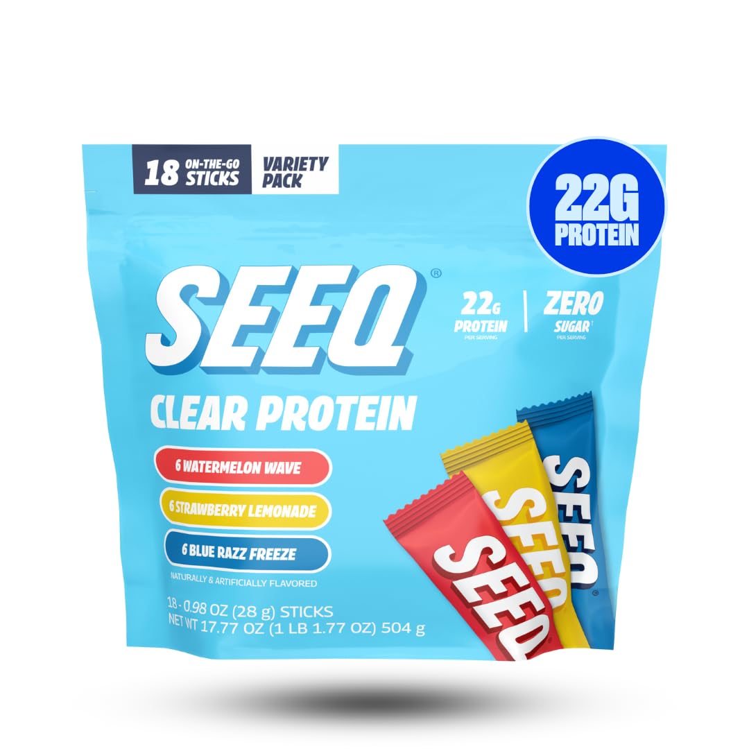 SEEQ Clear Protein Powder Sample Pack - 18 On-The-Go Sticks - 22g Clear Whey Protein Isolate - Zero Sugar - 0g Lactose - Allergen Friendly - GLP1 Support - Bone Health - Post Workout Recovery