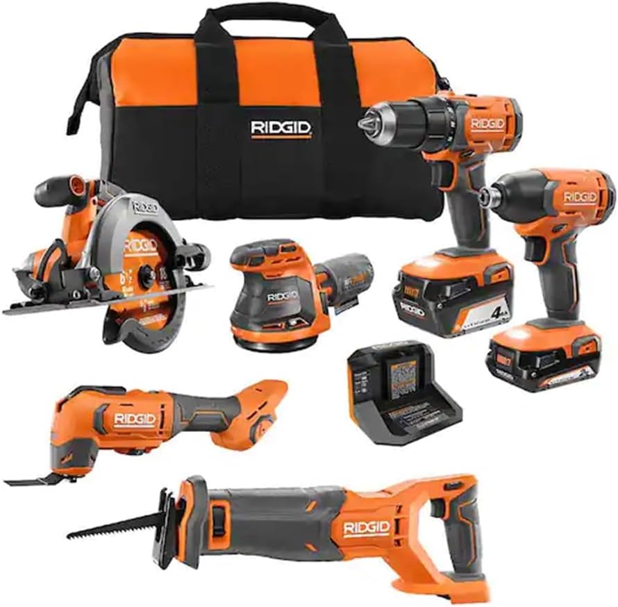 RIDGID18V Cordless 6-Tool Combo Kit with 2.0 Ah Battery, 4.0 Ah Battery, Charger, and Bag