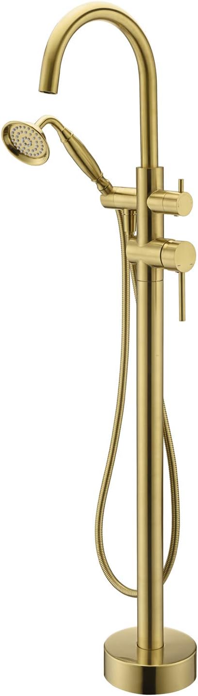 Wowkk Tub Filler Freestanding Bathtub Faucet Brushed Gold Floor Mounted Brass Bathroom Tub Faucets with Hand Shower