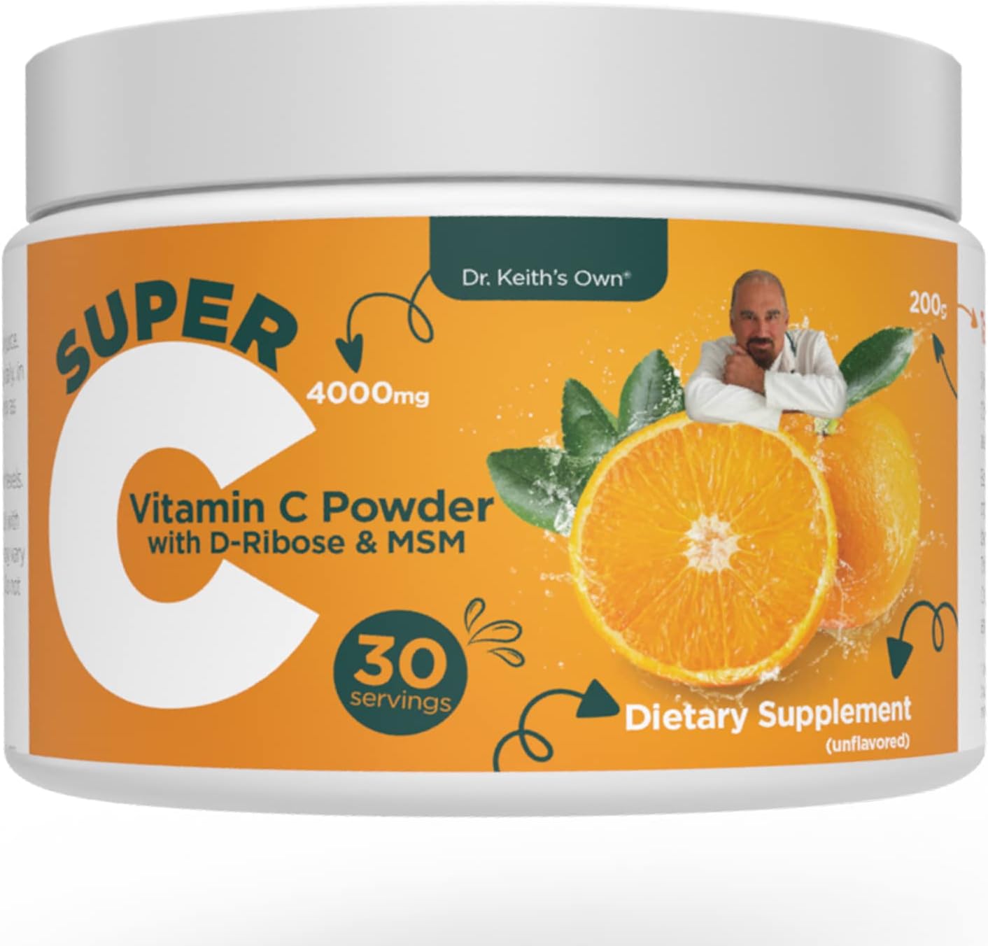 Dr. Keith's Own Super C-High Dose Powdered Vitamin C 4000mg with D-Ribose, Glycine, MSM-Highly Absorbable, Stomach-Friendly, Collagen Boost, Immune Support-Unflavored, 200 Grams (30 Servings)