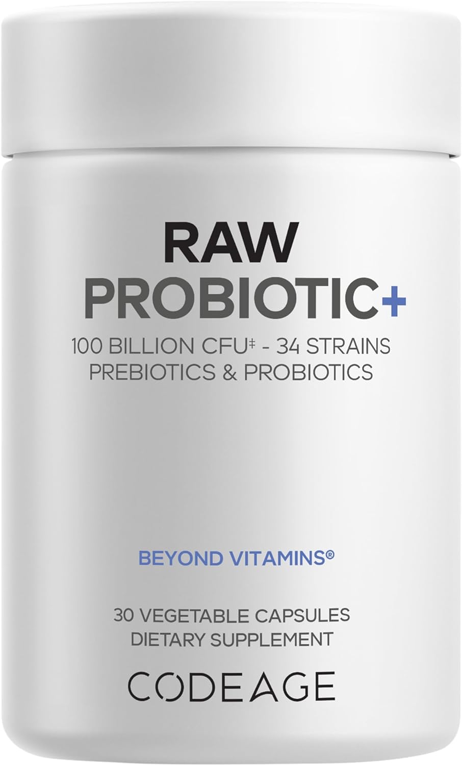 Codeage Raw Probiotic+ Supplement - 34 Probiotic Strains, 100 Billion CFUs, Raw Whole Food Probiotics, Digestive Enzymes, Raw Fruits & Veggies Prebiotics - Wild Kefir Culture - Non-GMO - 30 Capsules
