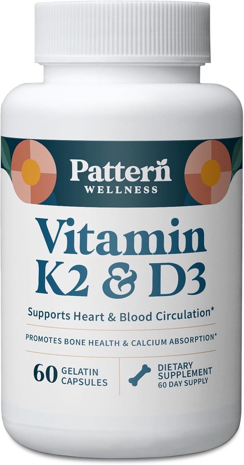 Pattern Wellness Vitamin K2 & D3 Supplement with Calcium - Pure Synergistic Complex - Whole Body Health - Bone Health & Cardiovascular Support - 60 Capsules