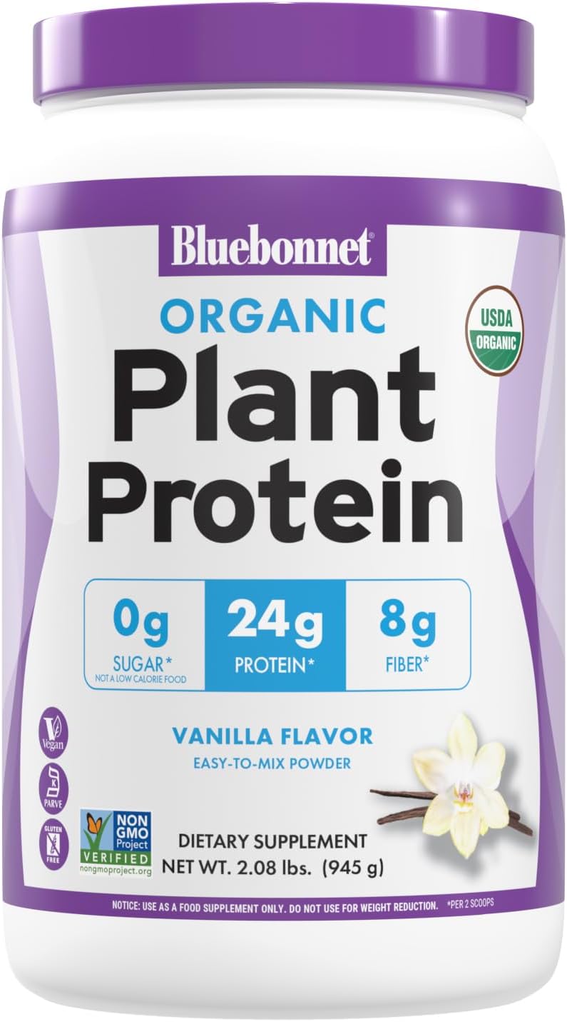 BlueBonnet Nutrition Organic Plant Protein Powder, 24g Plant Based Protein, Zero Sugar, 8g Fiber, USDA Organic, Non-GMO, Kosher, Gluten-Free, Soy-Free, Vegan, Vanilla Flavor, 21 Servings, 2.08 lbs