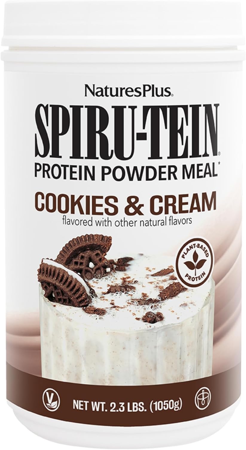 Natures Plus SPIRU-TEIN Shake - Cookies & Cream - 2.3 lbs, Spirulina Protein Powder - Plant Based Meal Replacement, Vitamins & Minerals for Energy - Vegetarian - 30 Servings