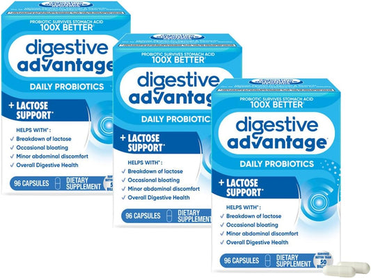 Digestive Advantage Lactose Defense Enzymes + Probiotics for Women & Men Occasional Bloating, Lactose Breakdown, Minor Abdominal Discomfort, Immune Support, 96 Count Capsules (3 Pack)
