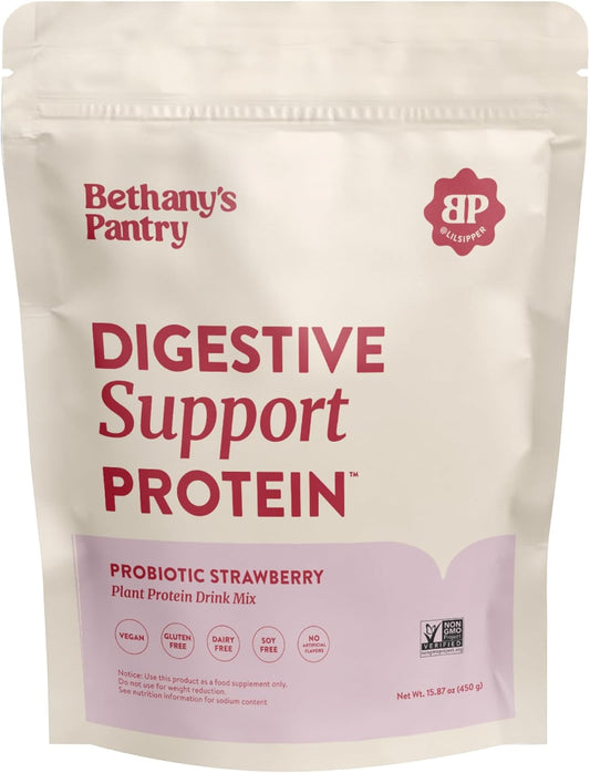 BETHANY'S PANTRY Digestive Support Protein - Probiotics for Digestive Health – Strawberry - Clean Lean Protein - Premium Vegan Pea Protein Powder – Plant Based - 20 Servings, 1lb (Pack of 1)