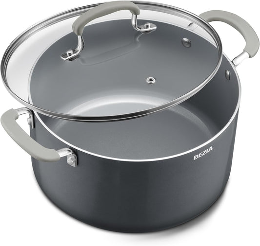 8 Quart Pot with Lid, BEZIA Ceramic Nonstick Stock Pot with Lid, Induction Ready, Large Cooking Pot with Silicone Handle, Compatible with All Cooktops, Dishwasher Safe