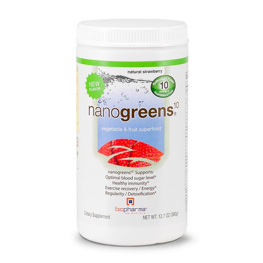 Biopharma Scientific NanoGreens: Greens Superfood Fruit & Vegetable Powder for Digestive Health & Immunity with Spirulina, Chlorella, Kale, Spinach, Plant Based, Strawberry Flavor, 30 Servings