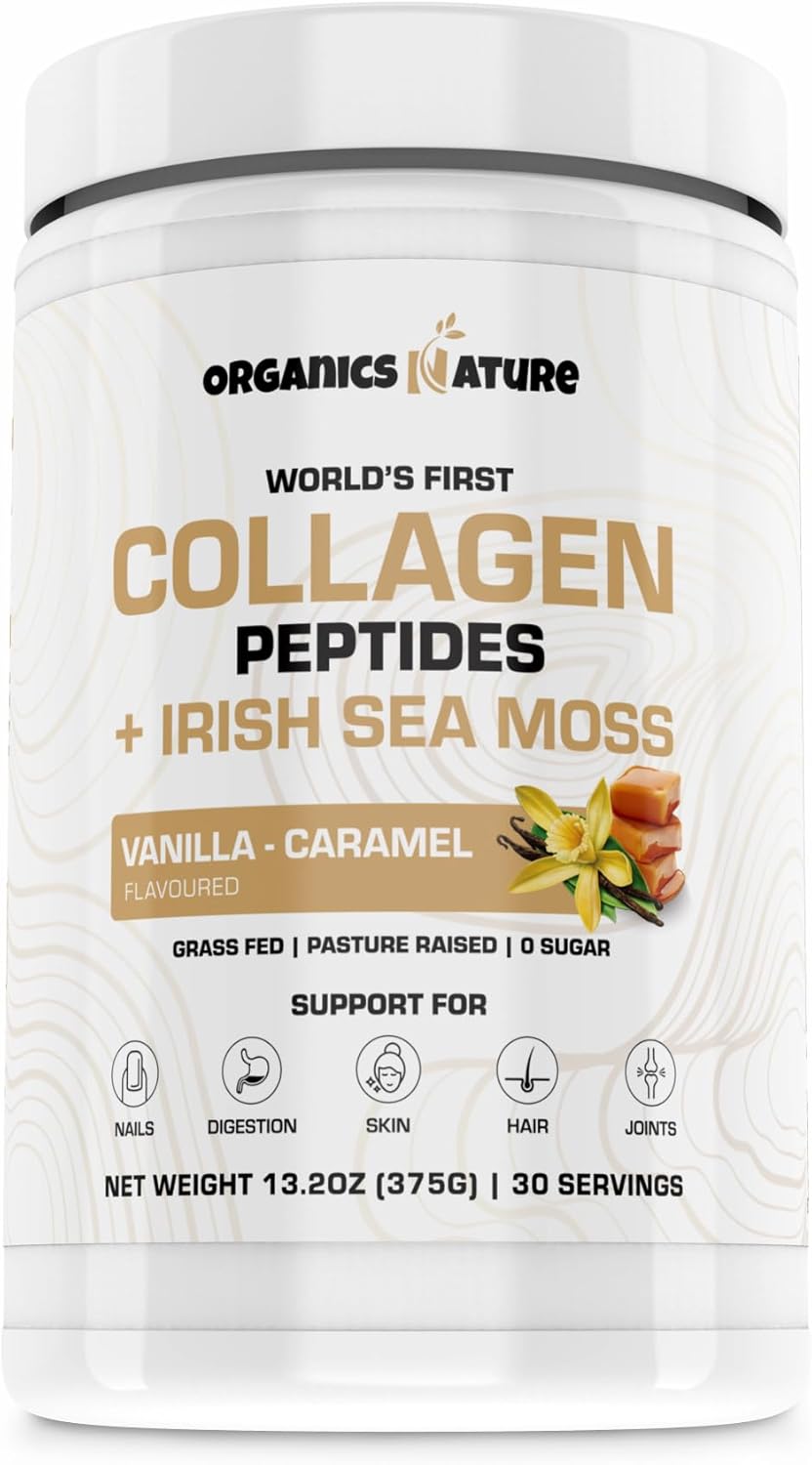 ORGANICS NATURE Collagen Peptides Powder with Irish Sea Moss Vanilla Caramel Flavored | Naturally Sourced Hydrolyzed Collagen w\/Biotin for Hair, Skin, Nail, and Joint Support 30 Servings 380 gr