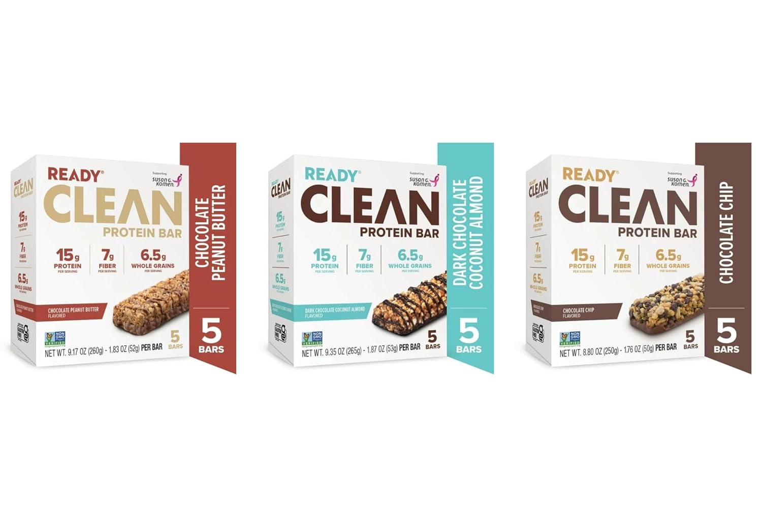 Generic Ready Clean Protein Bars, Variety pack, Chocolate Peanut Butter, Chocolate Chip, Dark Chocolate Coconut Almond, 5 servings per case, total 3 cases.