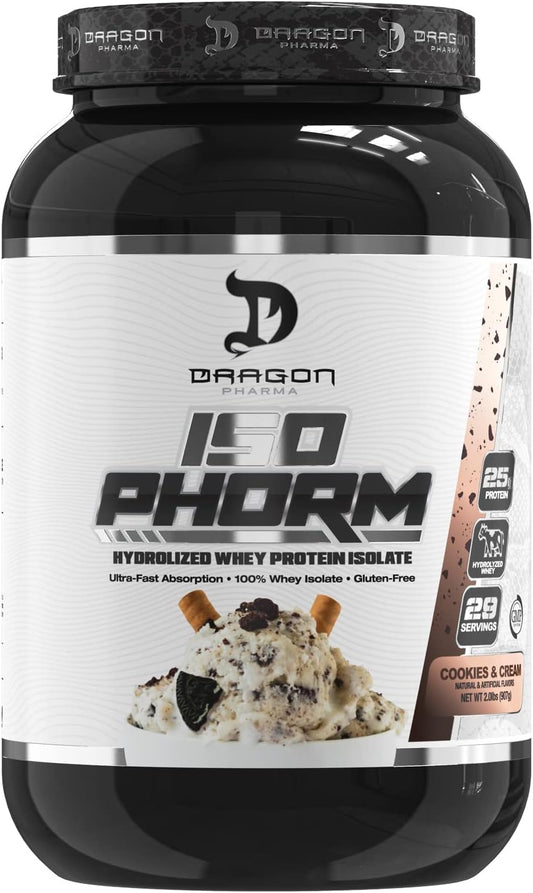 DRAGON PHARMA Hydrolized Whey Protein Isolate, Fast Absorption, Gluten Free, 100% Whey Protein, IsoPhorm, Maximize Recovery, Great Tasting, 25 Grams Per Serving (31 Servings, Cookies & Cream)