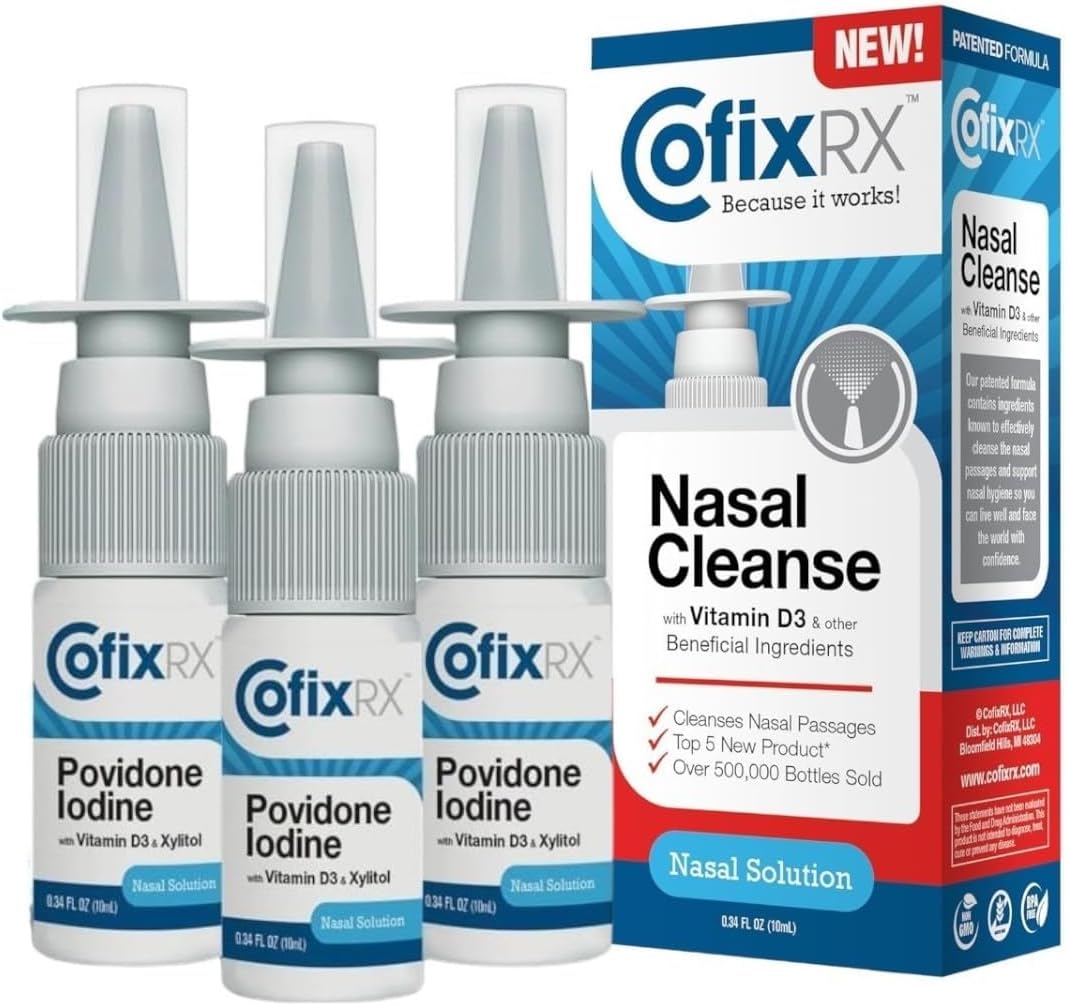 Nasal Cleanse Solution Spray, Povidone Iodine with Vitamin D3 & Xylitol, Cleans Nasopharynx, For Cold Allergy Sinus Relief, Laboratory Tested Patented Formula, Fast Acting & Long Lasting, 3 pk