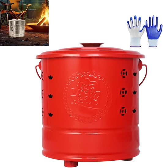 Burn Barrels for Outside, Hollow-Out Paper Burner with Lid, Stainless Steel Paper Burn Bucket, Portable Paper Burner Stainless SteelBarrel Incinerator, for Outside for Burning Trash(Red)
