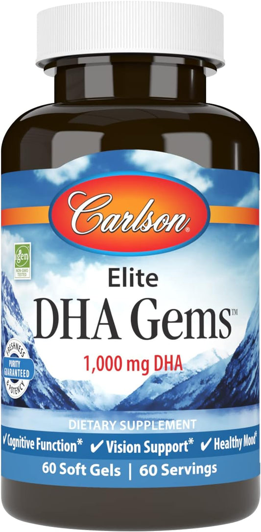 Carlson - Elite DHA Gems, 1000 mg DHA, Wild Caught, Sustainably Sourced, Brain Function & Healthy Vision, 60 Softgels
