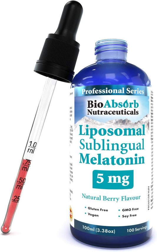 Bio Absorb Liposomal Liquid Melatonin 5mg per Serving. 100-Day Supply. Fast Acting Sublingual Drops. Natural Berry Flavour (3.38oz)