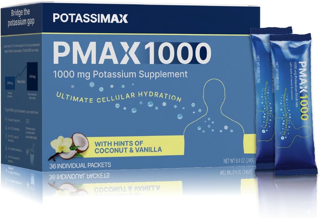 PMAX1000 Potassium Supplement Powder 1000mg, High Dose 4-Type Potassium Blend with Citrate, Chloride, Gluconate & Bicarbonate, Electrolyte, Kidney & Heart Support Supplement (36 Travel-Ready Packets)