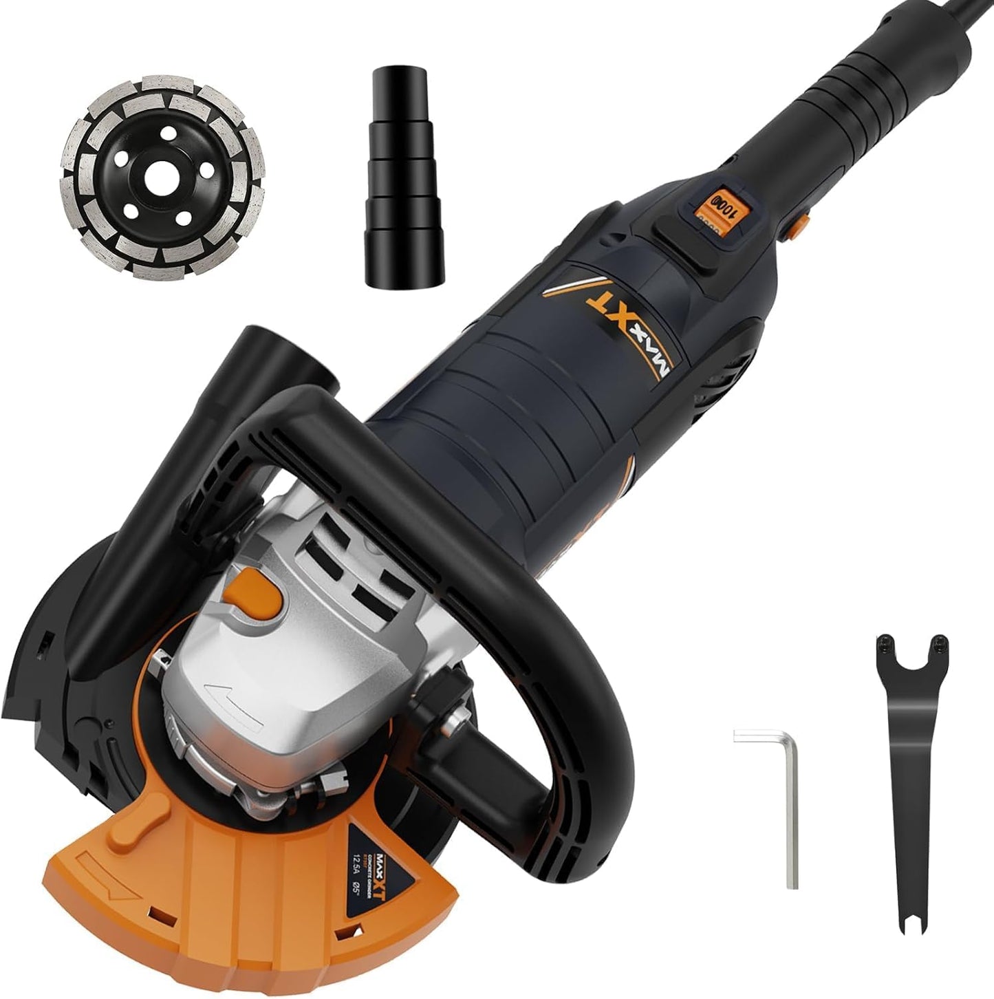 MAXXT 5 Inch Concrete Surfacing Grinder, 1500W 14A Motor, 7 Adjustable Speed Angle Grinder Kit with Diamond Disc, Removable Guard, Concrete Sander for Polishing and Grinder Stone Cement Marble Granite