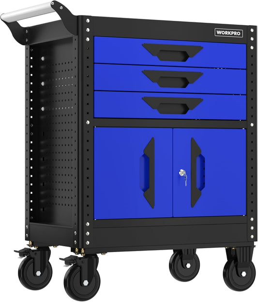 WORKPRO 27.5 Inch 3-Drawer Rolling Tool Chest with Wheels, Portable Steel Tool Cabinets with Drawers, Liners and Locking System for Warehouse, Garage, Black and Blue