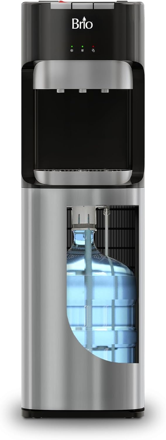 Brio Bottom Loading Water Cooler Dispenser for 5 Gallon Bottles - 3 Temperatures with Hot, Room & Cold Spouts, Child Safety Lock, LED Display with Empty Bottle Alert, Stainless Steel
