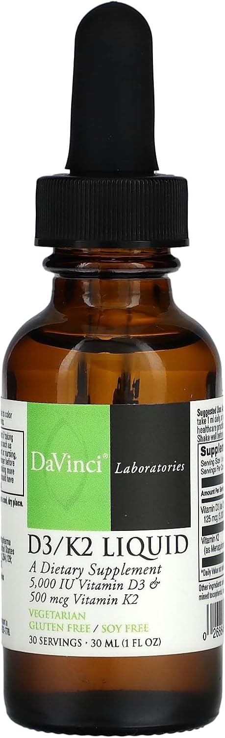 DAVINCI Labs D3/K2 Liquid - Liquid Vitamin D & Vitamin K Supplement for Bone Health, Heart Support & Calcium Absorption - 30mL (30 Servings)